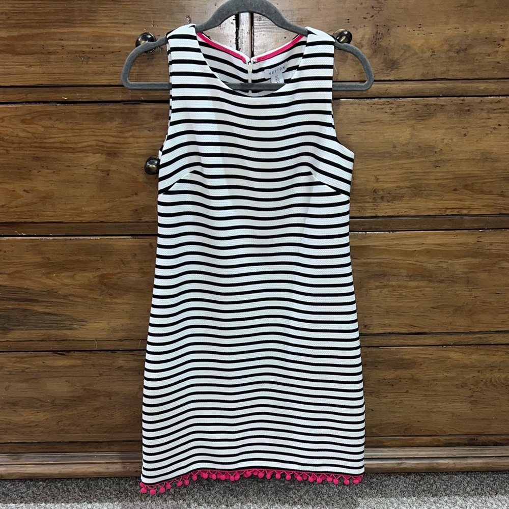 HeYTON Black & White Striped Sleeveless Dress with Pink Pom Pom Trim! SIZE 4